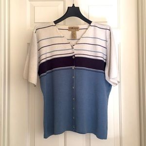 Sag Harbor Button Down Top Large Gray White Stripes Short Sleeves Tee
